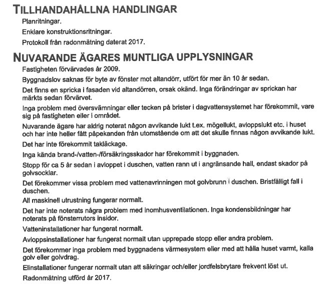 Svensk text om fastighet, juridiska dokument, ägares upplysningar, renoveringar och radonmätning.