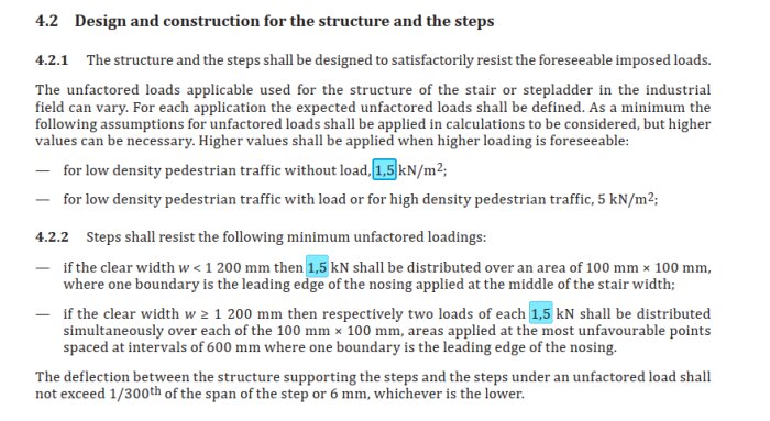 Teknisk dokumentation med riktlinjer för design och konstruktion av trappor, lastkrav specificerade.