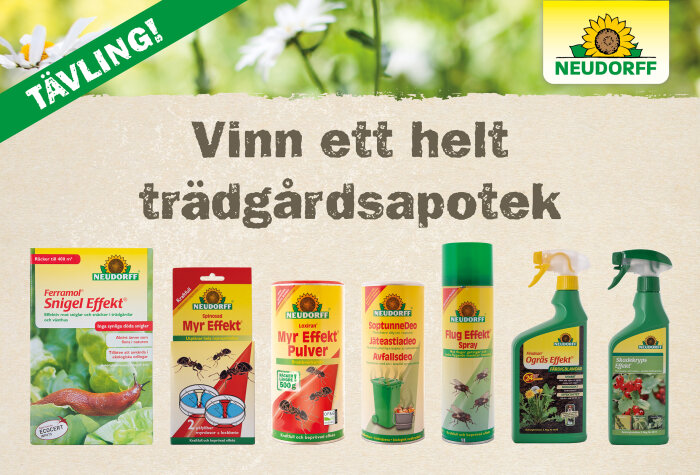 Reklambild för trädgårdsprodukter från Neudorff, innehåller text och bilder av skadedjursbekämpningsmedel.