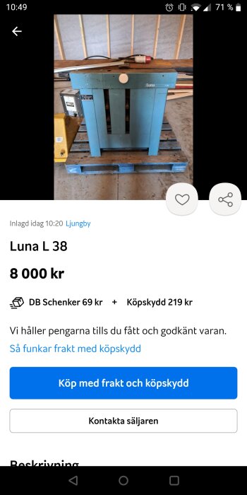 En Luna L 38 maskin säljs för 8 000 SEK, skärmdump från ett försäljningsinlägg online.