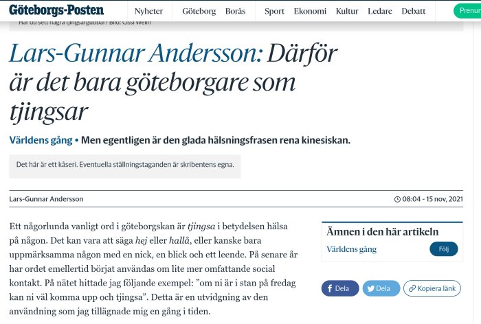 Webbsida för Göteborgs-Posten, artikel av Lars-Gunnar Andersson om göteborgska hälsningsfraser, tidsstämpel och delningsalternativ synliga.