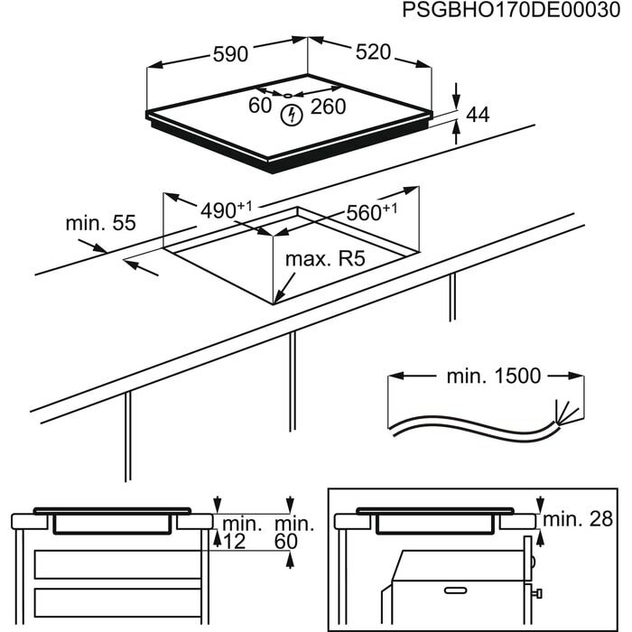 Teknisk ritning av en inbyggd utrustning med måttangivelser och installationskrav.