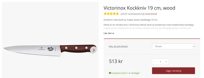 Victorinox kockkniv, 19 cm bladlängd, trähandtag, kostar 513 kronor, hög kundbetyg, snabb leverans.