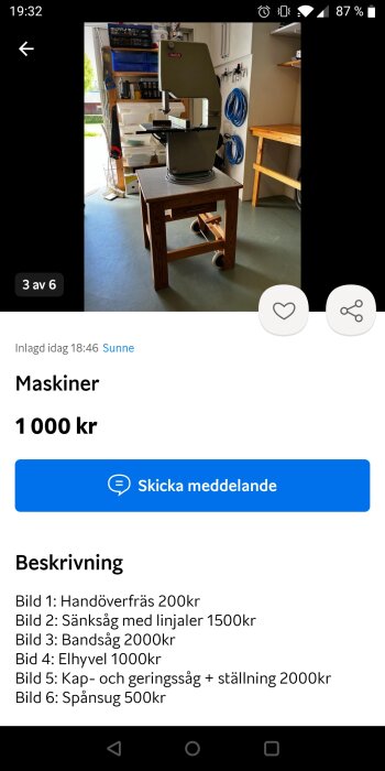 Bandsåg till salu i verkstad, annonserad online för 2000 kr.