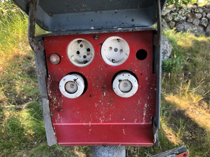 Röd och grå elektrisk panel, sliten, utomhus, fyra tomma uttag, övergivet utseende, grönska i bakgrunden.