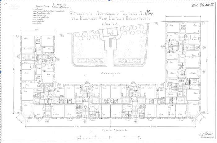 Arkitektonisk ritning, bottenvåningen, flervåningsbyggnad, planlösning, innergård, detaljerad, Malmö, daterad 1931.