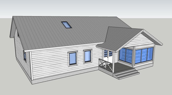 3D-modell av en enplans bostad med sadeltak, skärmtak, veranda och flera fönster.