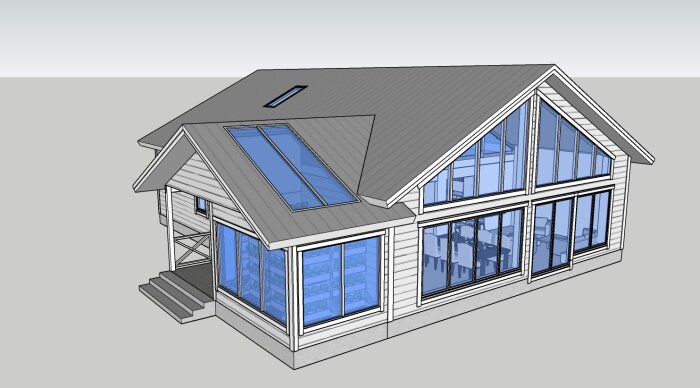 3D-modell av hus med lutande tak, stora fönster, och loftdesign.