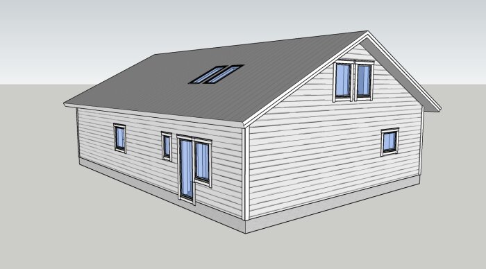 En datormodell av ett hus i två våningar med sadeltak och flera fönster.