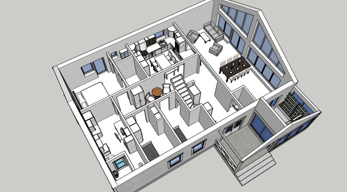 3D-ritning av ett modernt hus med öppen planlösning, flera rum och möbler, stora fönster.
