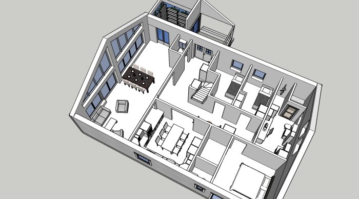 3D-skiss av en modern öppen lägenhetslayout med möbler, kontor, vardagsrum, kök, sovrum och trappor.