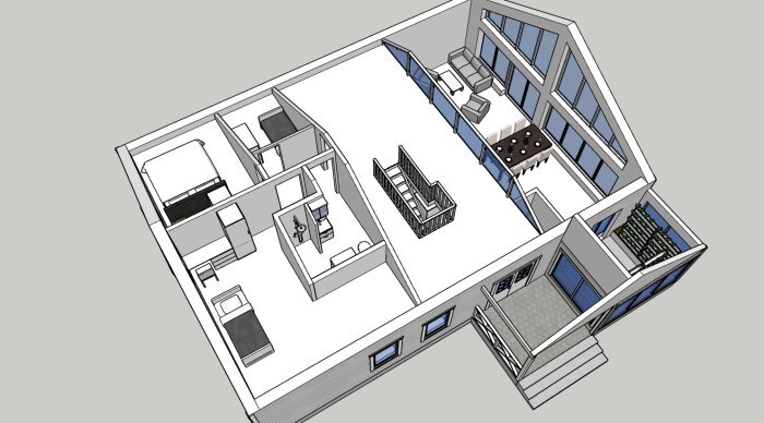 3D-skiss av ett modernt hus med öppen planlösning, två sovrum, badrum, kök, vardagsrum och terrass.