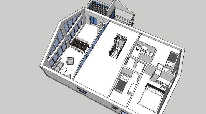 3D-modell av en lägenhet, öppen planlösning, två sovrum, kök, vardagsrum, badrum, modern stil.