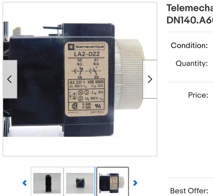 Elektrisk kontaktor. Märke: Telemecanique. Modell: LA2-D22. Tekniska specifikationer. Säljs online. Blankt prisfält.