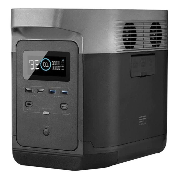 Svart UPS (avbrottsfri strömförsörjning) med display, knappar, och USB-portar. Modernt skydd för elektronisk utrustning.