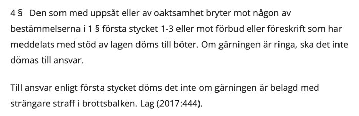 Text från lag med straffbestämmelser: uppsåt, oaktsamhet, brott, ansvar, böter, lindriga fall undantas. (2017:444)