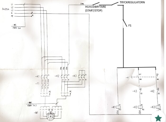 Elektriskt schema, kopplingsritning, reläer, kontaktorer, start/stopp-funktion, tryckregulator, anslutningar, teknisk dokumentation.