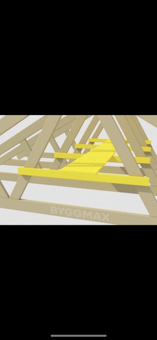 3D-modell av en trästomme för en byggnad, med gula och beigea bjälkar, Byggmax logotyp synlig.