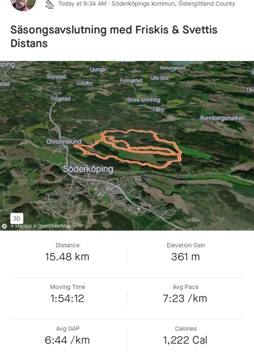 Satellitkarta över en löprunda i Söderköping, med distans, tid, tempo, höjdskillnad och kaloriförbrukning angivna.