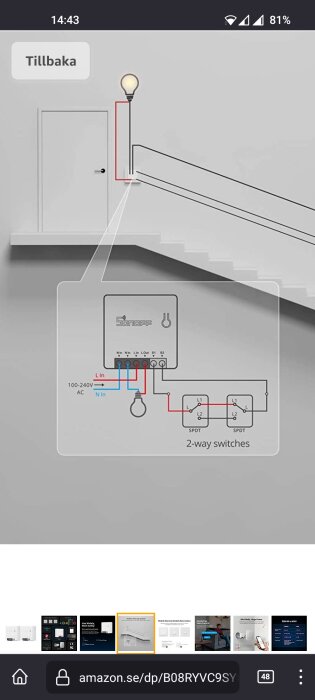 Elektrisk kopplingsschema för trappbelysning och tvåvägsströmbrytare. Skärmdump från mobil med Amazon-reklam.