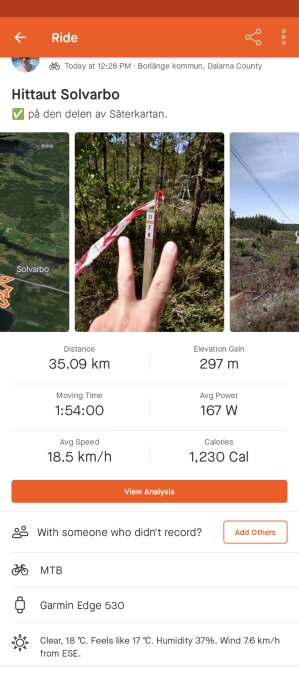 Cykeltur i naturen; statistik och bilder; distans 35,09 km; tid 1:54 h; kalorier 1230; Garmin enhet; klart väder.