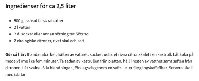 Recept på dryck med rabarber, citron, socker, vatten. Instruktioner för tillagning och servering ingår.