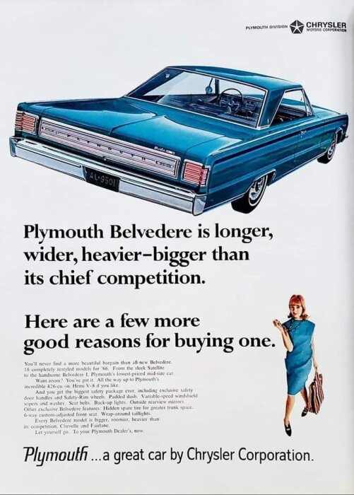 Vintage Plymouth Belvedere-reklam: bil, text, och en liten kvinna bredvid.