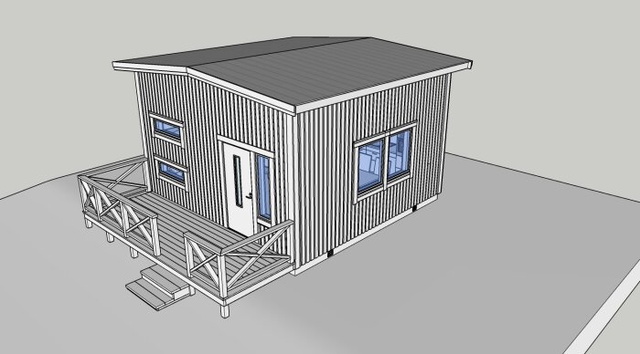 3D-modell av ett litet hus med veranda, lutande tak och flera fönster.