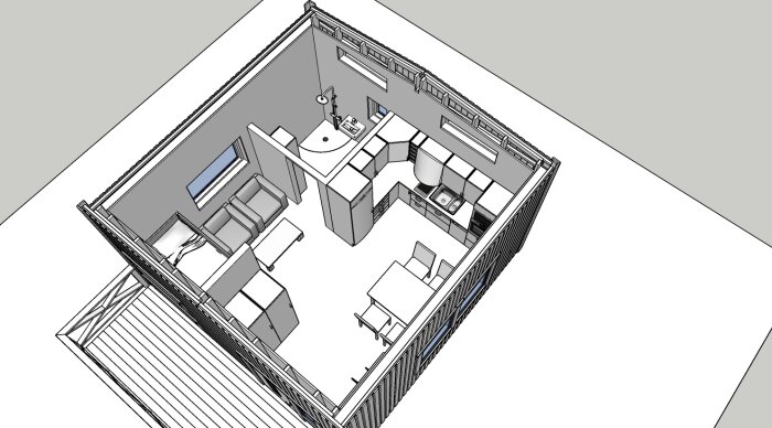 3D-skiss av en öppen lägenhet med kök, vardagsrum, sovrum och badrum; monokrom stil, detaljerad inredningsillustration.