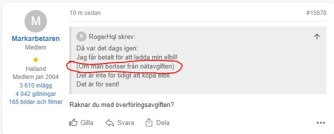 Skärmdump av ett webbforum, textmarkerat meddelande, dialog om elbil, användarprofil, interaktionsknappar.