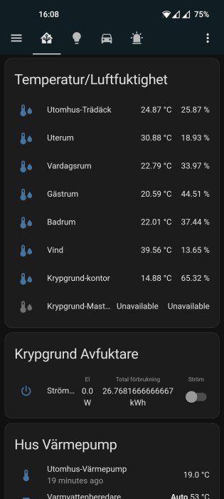 Skärmbild av smart hem-app visar temperatur och luftfuktighet i olika rum, avfuktare status, och värmepump information.