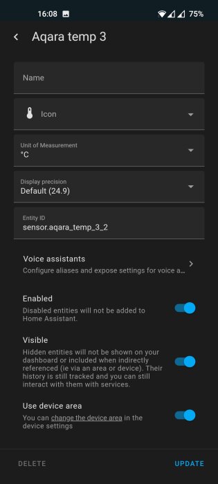 Skärmdump av inställningar för Aqara-temperatursensor i en smart hem-app, med alternativ för namn, ikon, enhet och synlighet.