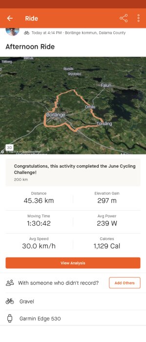 Cykeltur registrerad i app, 45,36 km, Dalarna, avslutade en utmaning.