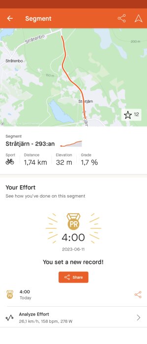 Skärmavbild av en aktivitetsspårningsapp som visar en cykelprestation och ett nytt rekord.