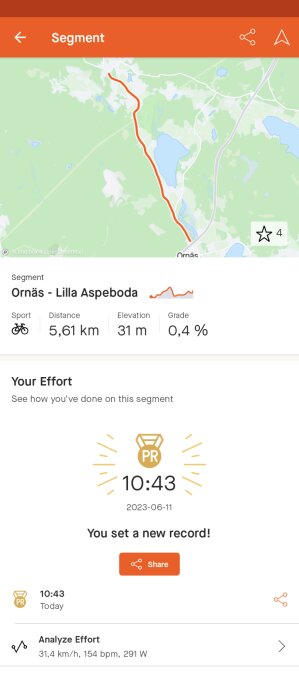 En skärmdump av en cykelprestation i en app: nytt rekord på segmentet "Ornäs - Lilla Aspeboda" uppnått.