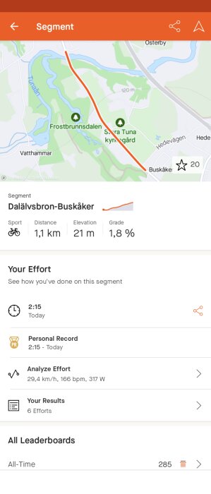 Skärmbild av en aktivitetsspårningsapp visar cykelsegment, avstånd, höjning, lutning och personlig rekordtid.