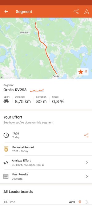 Skärmdump från sportapp: cykelsegment, karta, prestationer, tid, distans, höjdmätning och personbästa.