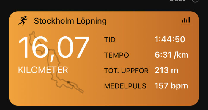 Skärmavbild av löparapp visar distans, tid, tempo, höjdförändring och puls från en löptur.