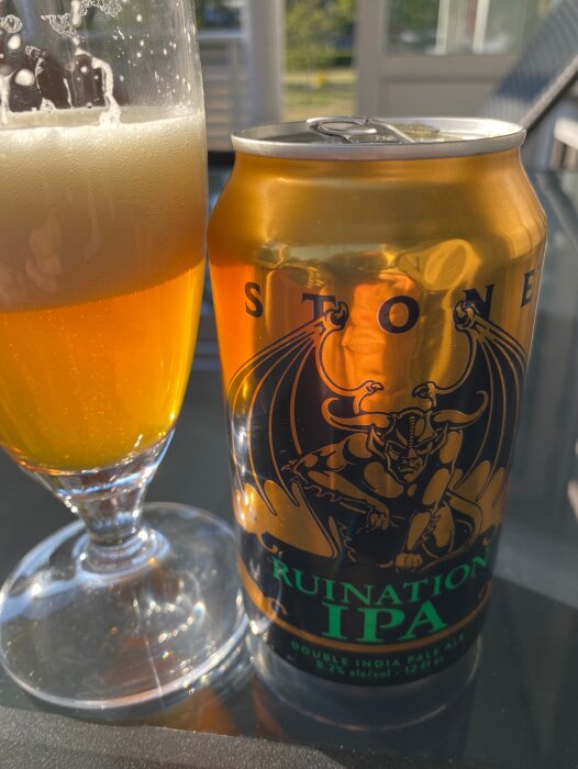 En ölburk märkt "Ruination IPA" bredvid ett delvis fyllt glas öl, i soligt utomhusmiljö.