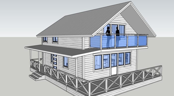 3D-ritning av ett modernt hus med två våningar, balkong, veranda och lutande tak.