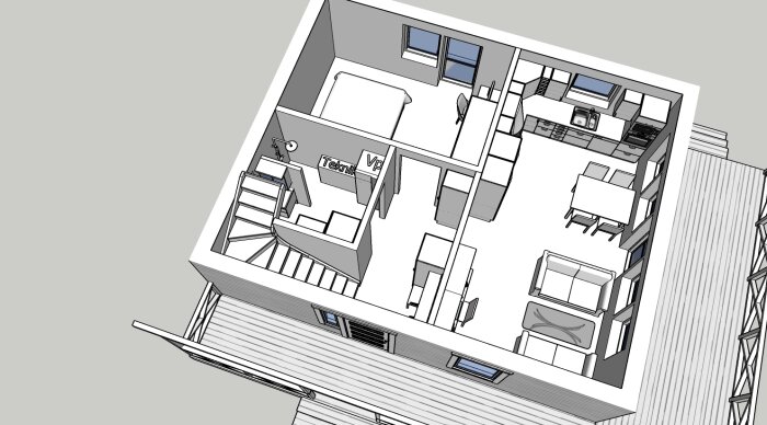 3D-modell, snittvy, modern lägenhet layout, möblerad, kök, vardagsrum, sovrum, badrum, ingång, trappa, minimalistisk design.