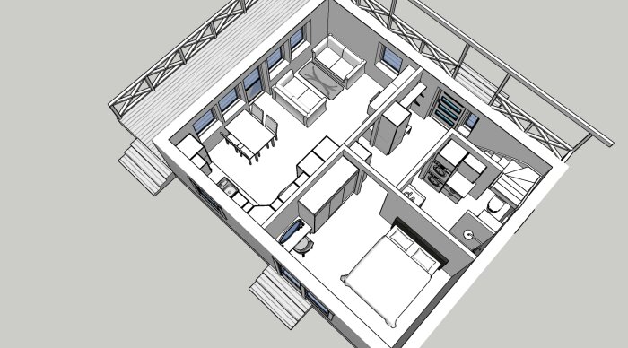 Isometrisk vy av en planritning som visar en modern lägenhet med möbler och utformning.