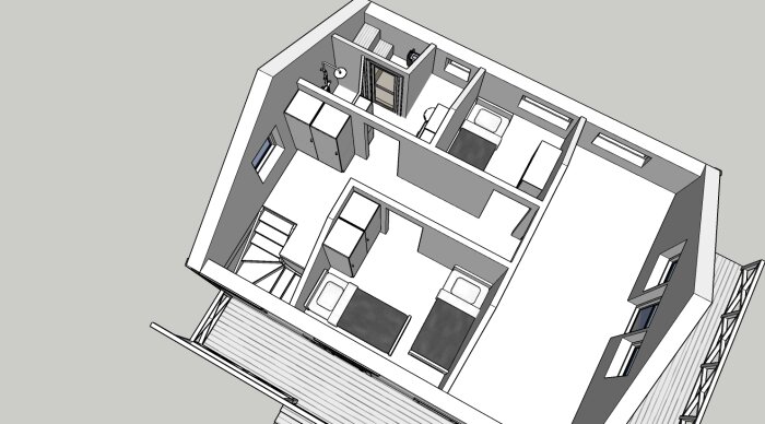 3D-modell, isometriskt perspektiv, obeboad lägenhetslayout, möblerad, två sovrum, kök, vardagsrum, badrum.