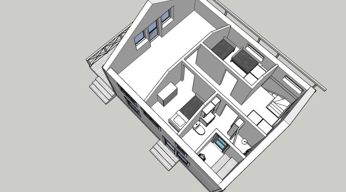 En 3D-modell av ett modernt hus med avskalade väggar visar interiören och möbleringen.