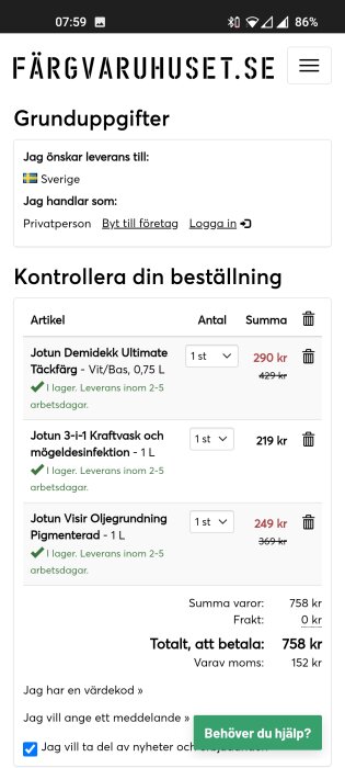 Skärmklipp av kundvagn på Färgvaruhuset.se, med målarprodukter, priser, moms och leveransinformation.