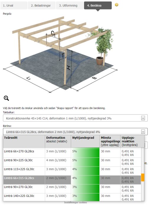 Instruktionsbild för att bygga pergola med tabell för virkesval, deformation och belastningsdata.