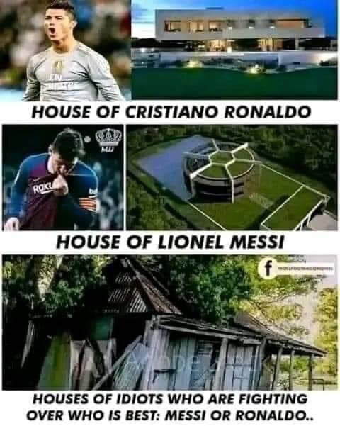 Meme jämför hus: Ronaldo och Messi har lyxhus, "idioter" som bråkar har fallfärdigt skjul.