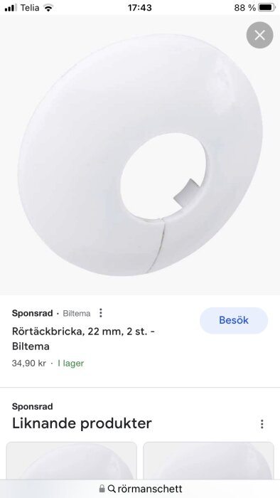 Vit rörtäckbricka, smartphone skärmbild, onlinebutiksannons, Biltema, byggmateriel.