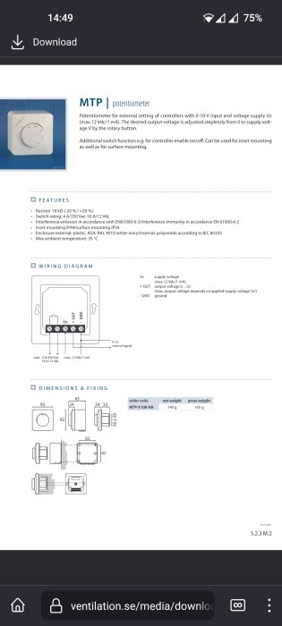 Dokument visar MTP-potentiometer för kontrollerinställningar, tekniska egenskaper, kopplingsschema och dimensioner.