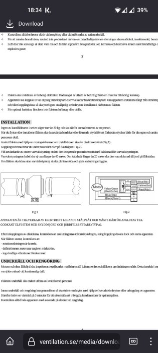 Skärmdump på manual för installation och underhåll av fläkt, på svenska, med diagram och säkerhetsinstruktioner.